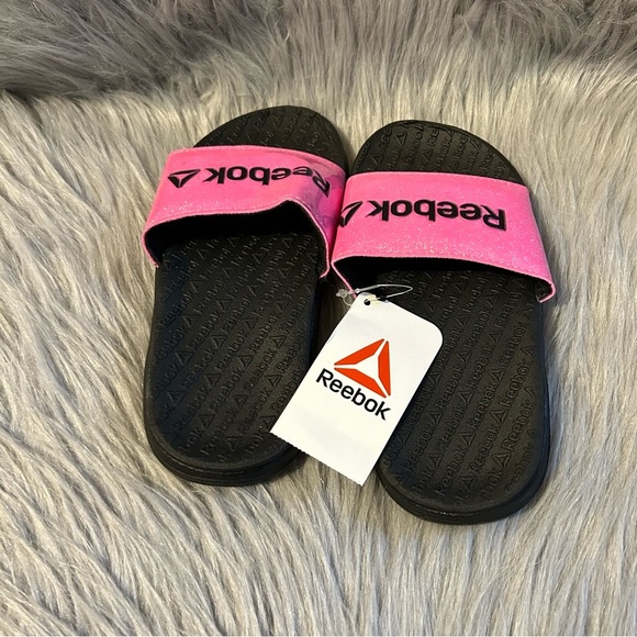 Reebok Slides Girls Size 13 Pink Black‎ Sparkly Glitter Slip On Sandals Shoes - Picture 5 of 7